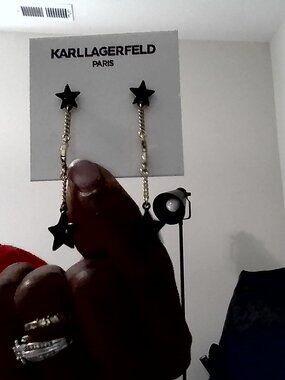 Karl Lagerfeld Black & Gold Star Drop Earrings – Crystal Accents – Chic & Modern
